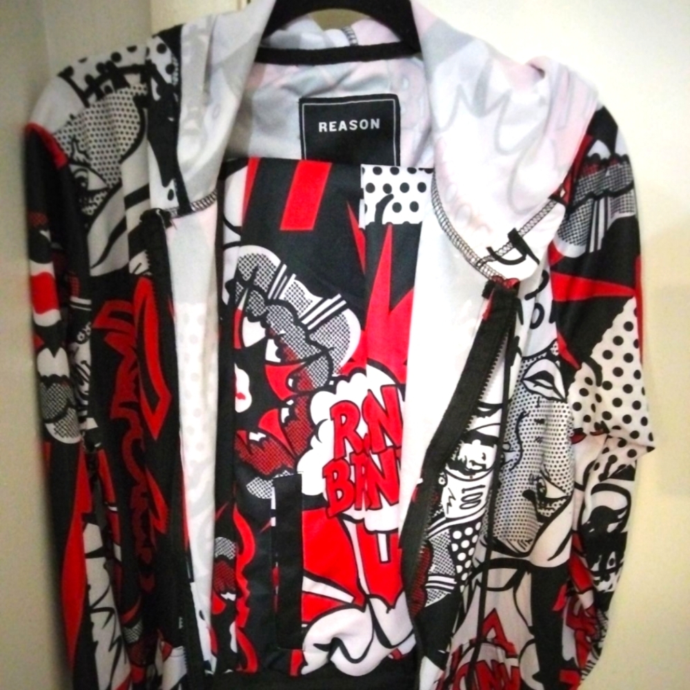 Black, red, and white reasons jacket and pants